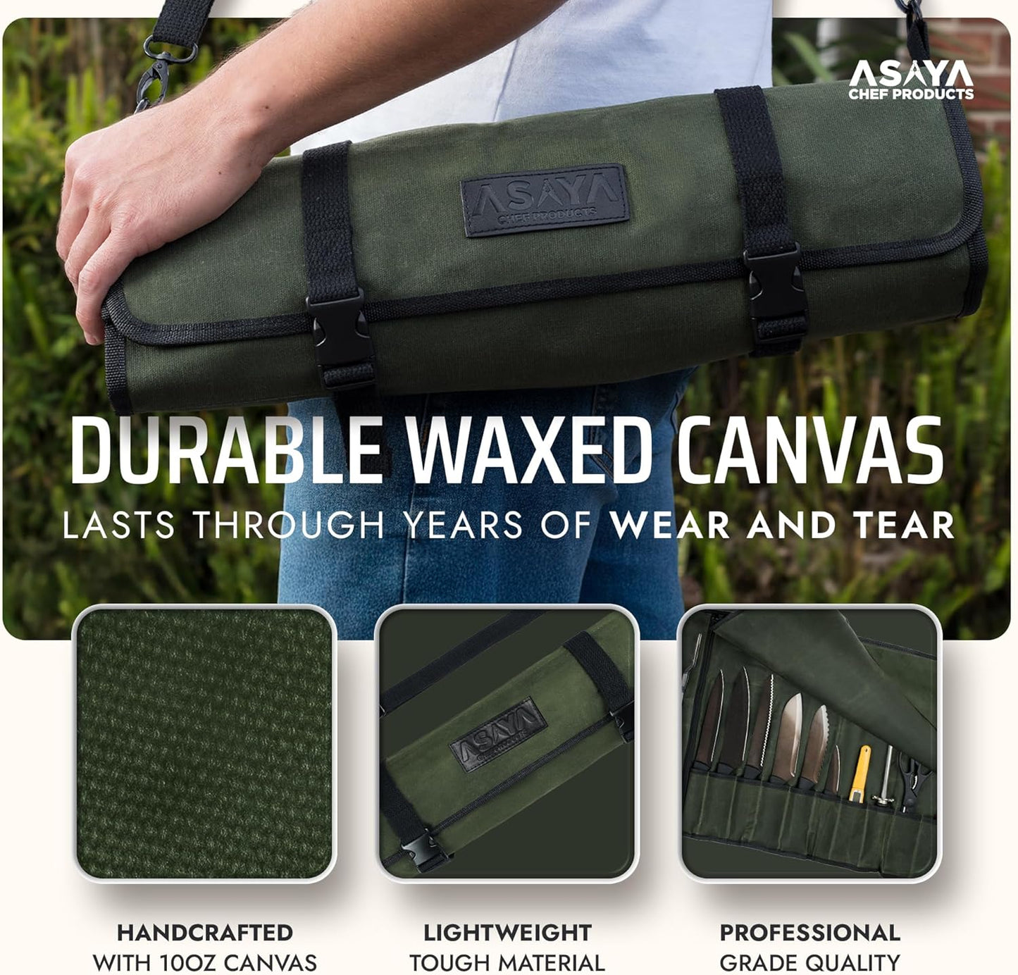 Asaya Waxed Canvas Chef Knife Roll Bag with 10 Slots and a Zipper Pocket - Professional Chef Knife Bag & Storage Case, with Shoulder Strap - Knives Not Included (Brown)