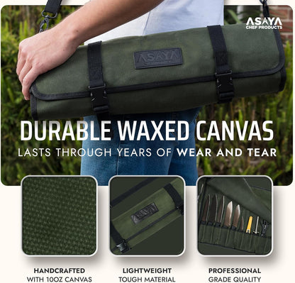 Asaya Waxed Canvas Chef Knife Roll Bag with 10 Slots and a Zipper Pocket - Professional Chef Knife Bag & Storage Case, with Shoulder Strap - Knives Not Included (Brown)