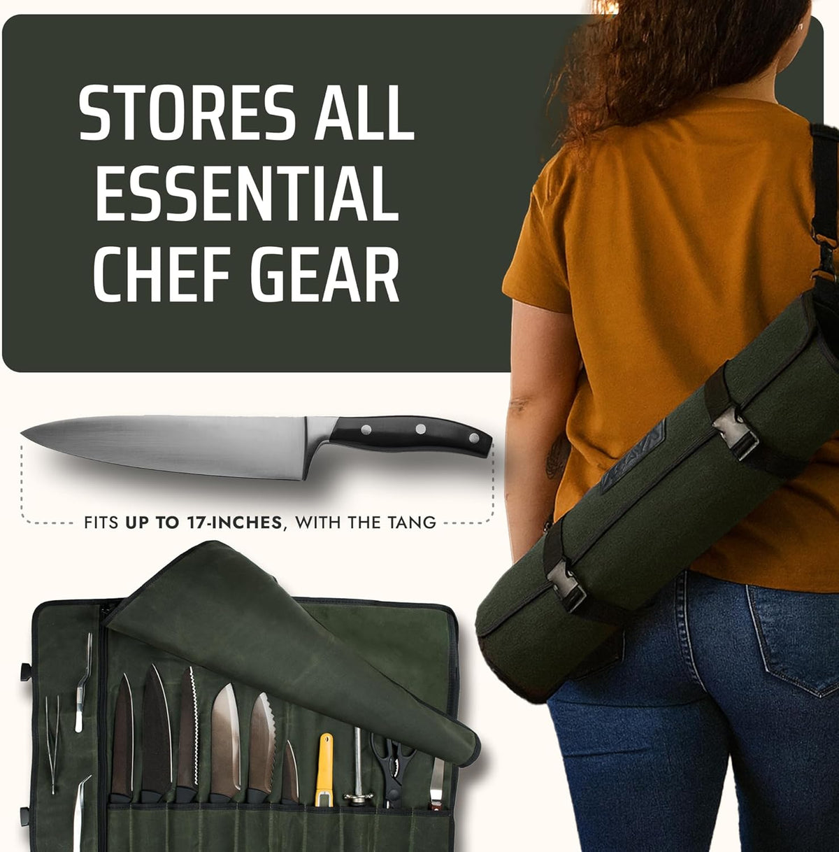 Asaya Waxed Canvas Chef Knife Roll Bag with 10 Slots and a Zipper Pocket - Professional Chef Knife Bag & Storage Case, with Shoulder Strap - Knives Not Included (Brown)