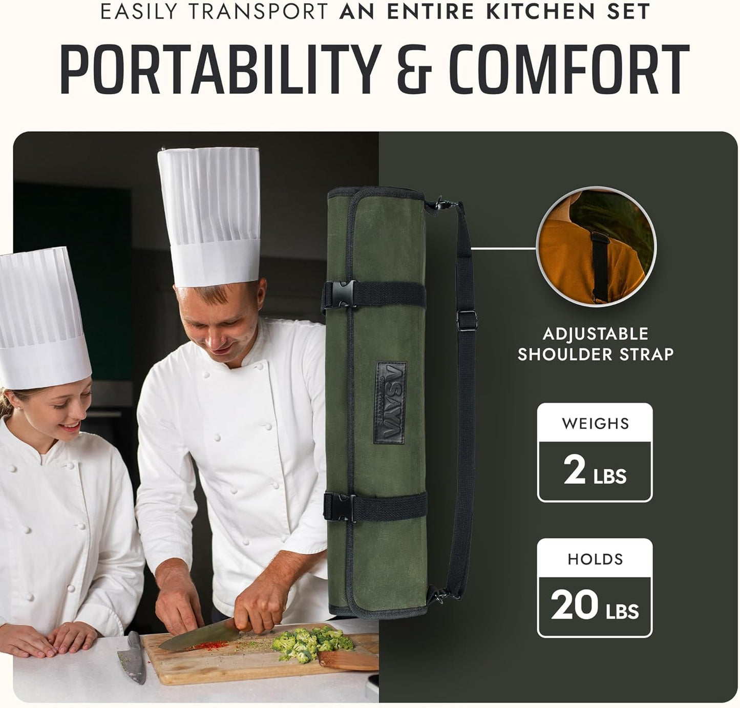 Asaya Waxed Canvas Chef Knife Roll Bag with 10 Slots and a Zipper Pocket - Professional Chef Knife Bag & Storage Case, with Shoulder Strap - Knives Not Included (Brown)