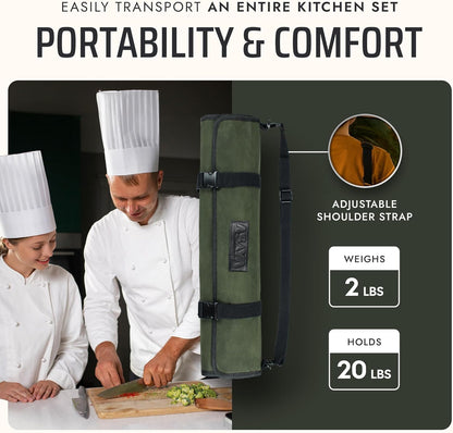 Asaya Waxed Canvas Chef Knife Roll Bag with 10 Slots and a Zipper Pocket - Professional Chef Knife Bag & Storage Case, with Shoulder Strap - Knives Not Included (Brown)