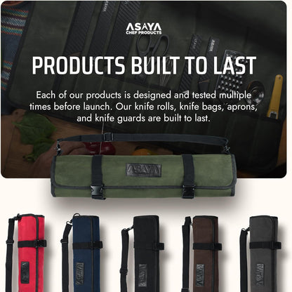 Asaya Waxed Canvas Chef Knife Roll Bag with 10 Slots and a Zipper Pocket - Professional Chef Knife Bag & Storage Case, with Shoulder Strap - Knives Not Included (Brown)