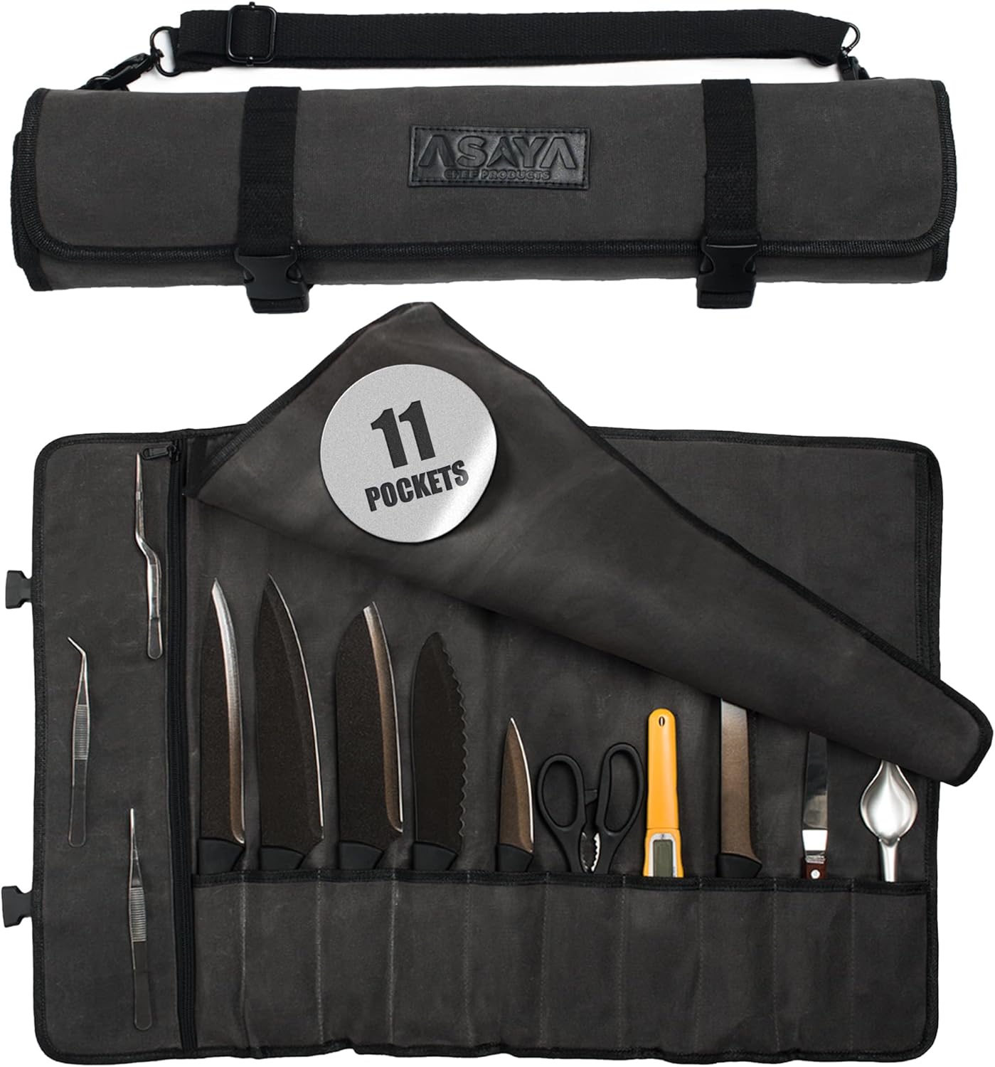 Asaya Waxed Canvas Chef Knife Roll Bag with 10 Slots and a Zipper Pocket - Professional Chef Knife Bag & Storage Case, with Shoulder Strap - Knives Not Included (Brown)