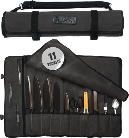 Asaya Waxed Canvas Chef Knife Roll Bag with 10 Slots and a Zipper Pocket - Professional Chef Knife Bag & Storage Case, with Shoulder Strap - Knives Not Included (Brown)