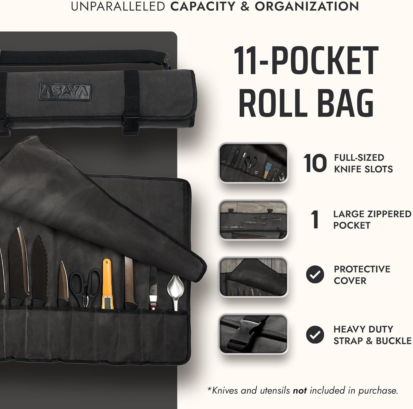 Asaya Waxed Canvas Chef Knife Roll Bag with 10 Slots and a Zipper Pocket - Professional Chef Knife Bag & Storage Case, with Shoulder Strap - Knives Not Included (Brown)