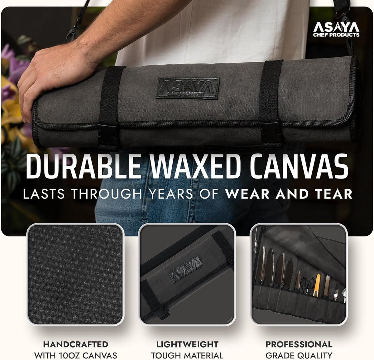 Asaya Waxed Canvas Chef Knife Roll Bag with 10 Slots and a Zipper Pocket - Professional Chef Knife Bag & Storage Case, with Shoulder Strap - Knives Not Included (Brown)