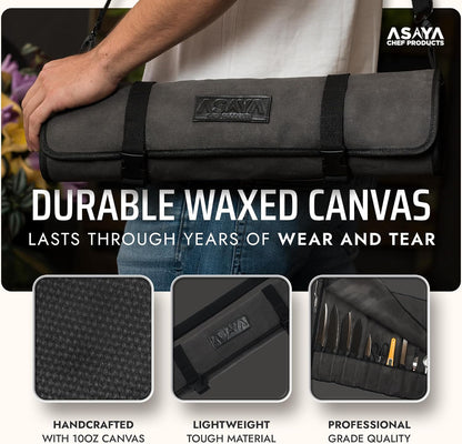 Asaya Waxed Canvas Chef Knife Roll Bag with 10 Slots and a Zipper Pocket - Professional Chef Knife Bag & Storage Case, with Shoulder Strap - Knives Not Included (Brown)