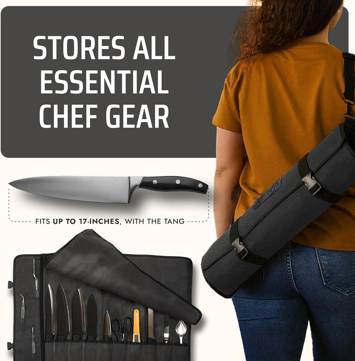 Asaya Waxed Canvas Chef Knife Roll Bag with 10 Slots and a Zipper Pocket - Professional Chef Knife Bag & Storage Case, with Shoulder Strap - Knives Not Included (Brown)