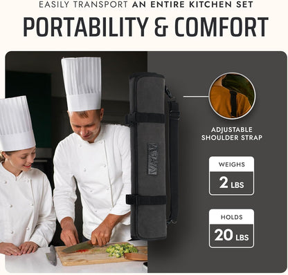 Asaya Waxed Canvas Chef Knife Roll Bag with 10 Slots and a Zipper Pocket - Professional Chef Knife Bag & Storage Case, with Shoulder Strap - Knives Not Included (Brown)