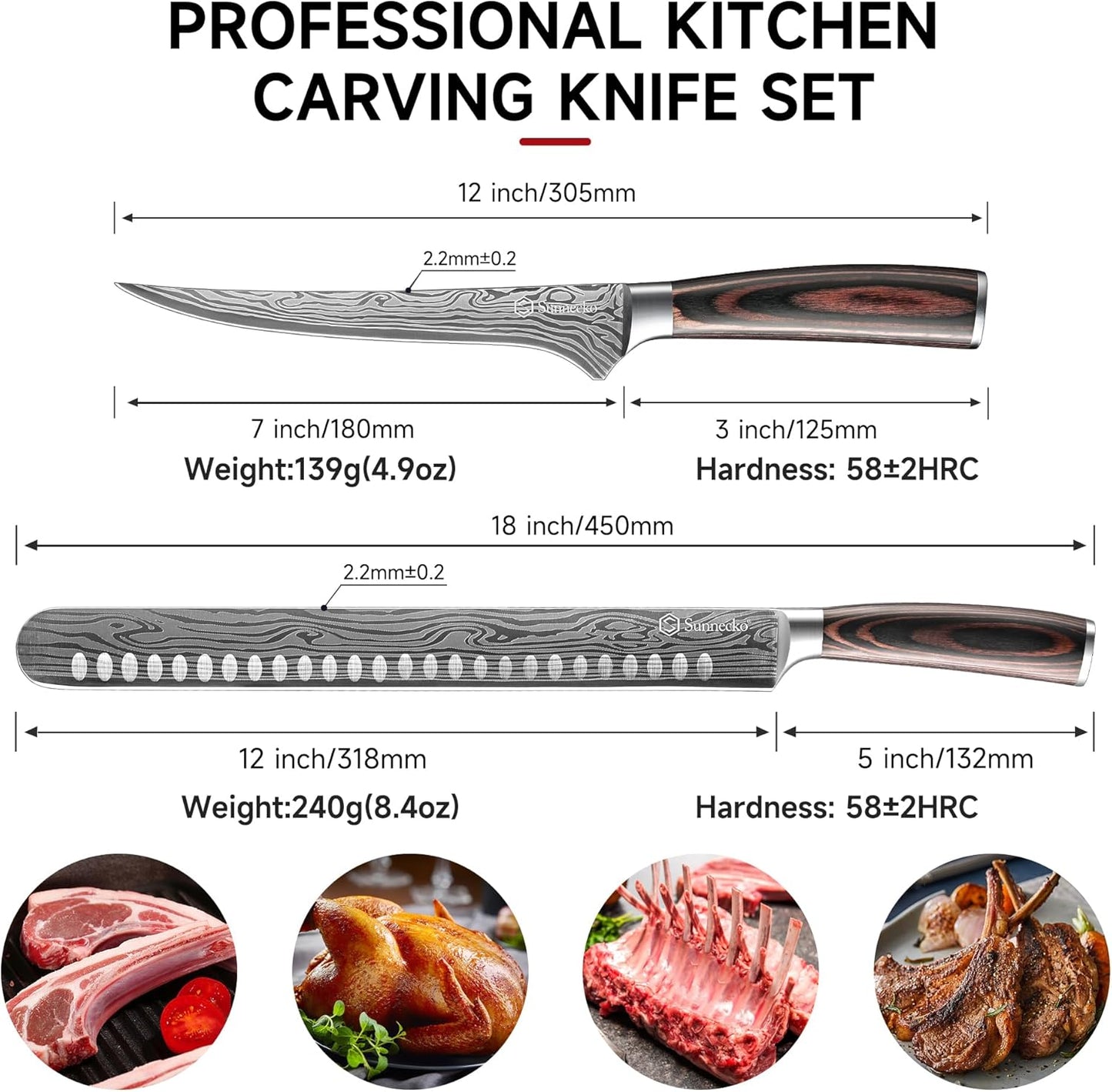 Professional BBQ Carving Knife Set, Slicing and Boning Knife for Meat Cutting,German High Carbon Stainless Steel Carving Knife for Meat and Turkey.