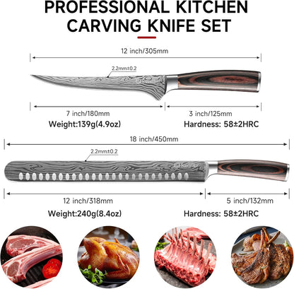 Professional BBQ Carving Knife Set, Slicing and Boning Knife for Meat Cutting,German High Carbon Stainless Steel Carving Knife for Meat and Turkey.