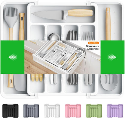 Silverware Organizer，Adjustable & Expandable Utensil Drawer Organizer, BPA Free Utensil Holder, Cutlery Tray for Forks, Spoons, Knives in Kitchen, Medium, White