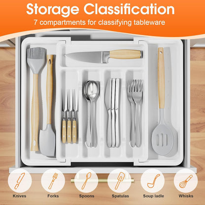 Silverware Organizer，Adjustable & Expandable Utensil Drawer Organizer, BPA Free Utensil Holder, Cutlery Tray for Forks, Spoons, Knives in Kitchen, Medium, White