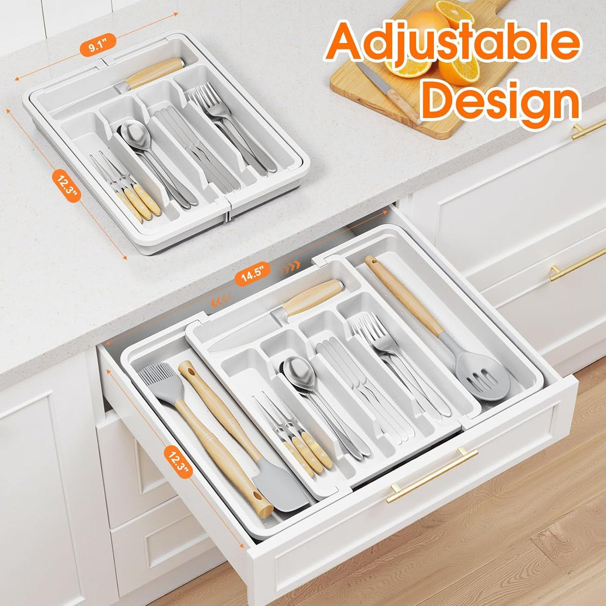 Silverware Organizer，Adjustable & Expandable Utensil Drawer Organizer, BPA Free Utensil Holder, Cutlery Tray for Forks, Spoons, Knives in Kitchen, Medium, White