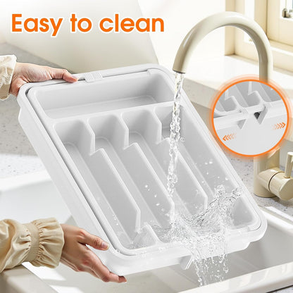 Silverware Organizer，Adjustable & Expandable Utensil Drawer Organizer, BPA Free Utensil Holder, Cutlery Tray for Forks, Spoons, Knives in Kitchen, Medium, White