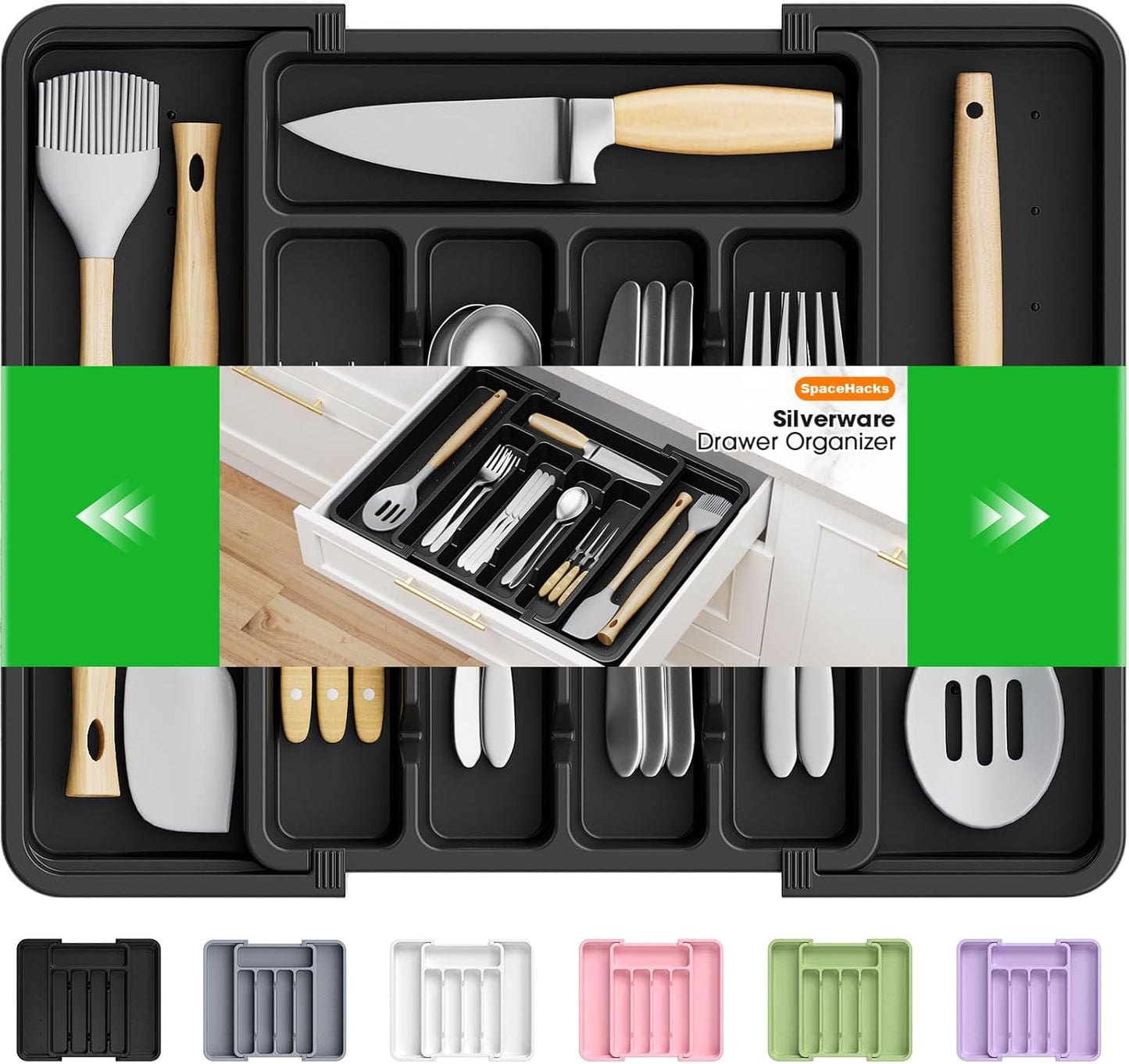 Silverware Organizer，Adjustable & Expandable Utensil Drawer Organizer, BPA Free Utensil Holder, Cutlery Tray for Forks, Spoons, Knives in Kitchen, Medium, White