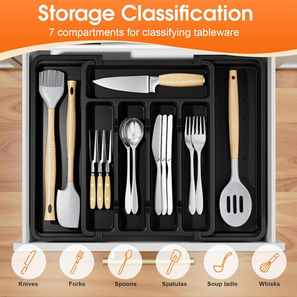 Silverware Organizer，Adjustable & Expandable Utensil Drawer Organizer, BPA Free Utensil Holder, Cutlery Tray for Forks, Spoons, Knives in Kitchen, Medium, White