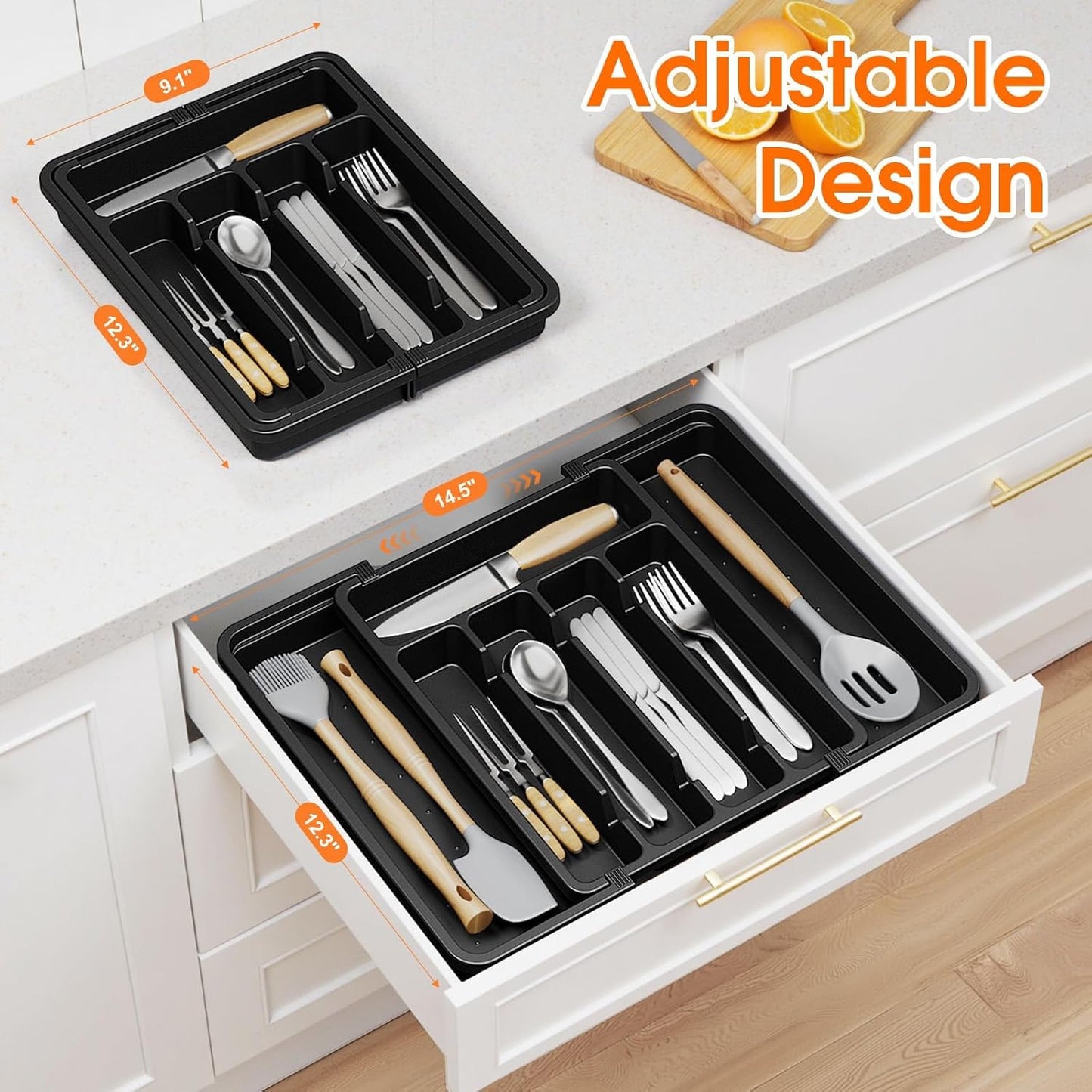 Silverware Organizer，Adjustable & Expandable Utensil Drawer Organizer, BPA Free Utensil Holder, Cutlery Tray for Forks, Spoons, Knives in Kitchen, Medium, White