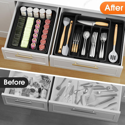 Silverware Organizer，Adjustable & Expandable Utensil Drawer Organizer, BPA Free Utensil Holder, Cutlery Tray for Forks, Spoons, Knives in Kitchen, Medium, White
