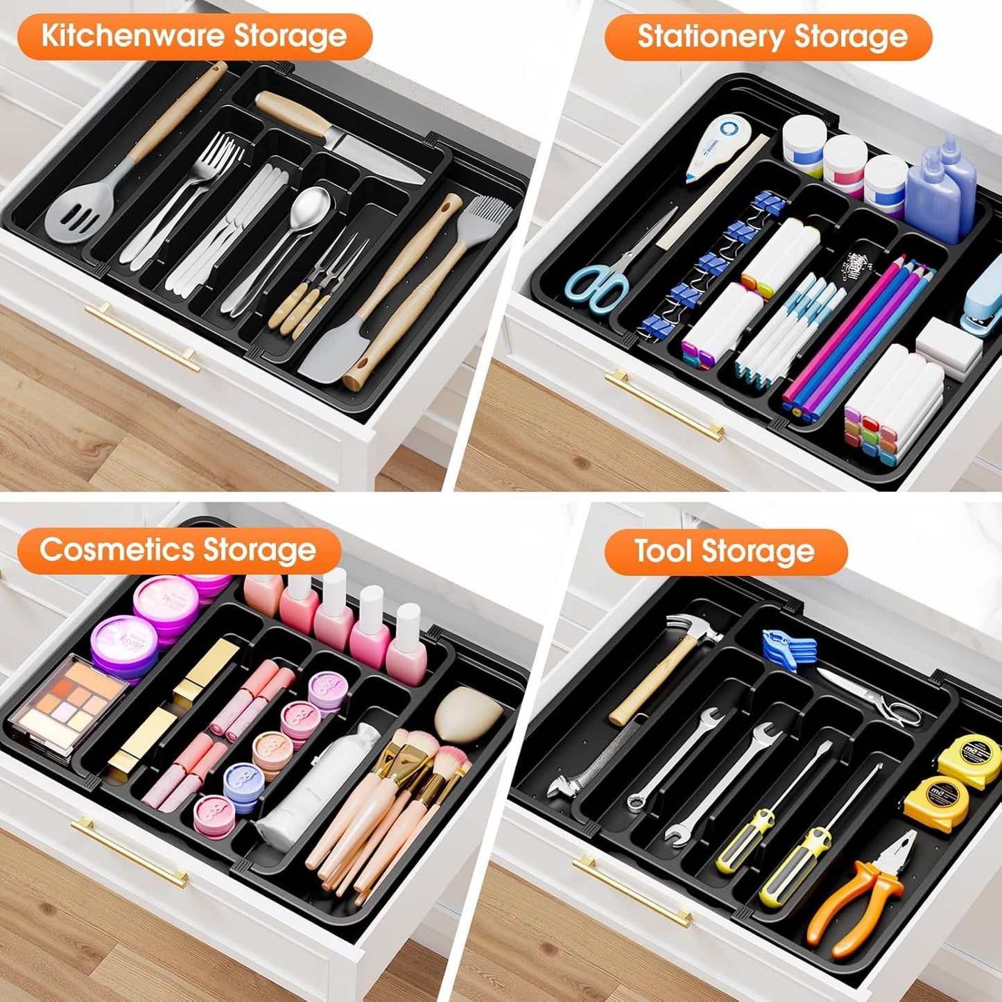 Silverware Organizer，Adjustable & Expandable Utensil Drawer Organizer, BPA Free Utensil Holder, Cutlery Tray for Forks, Spoons, Knives in Kitchen, Medium, White