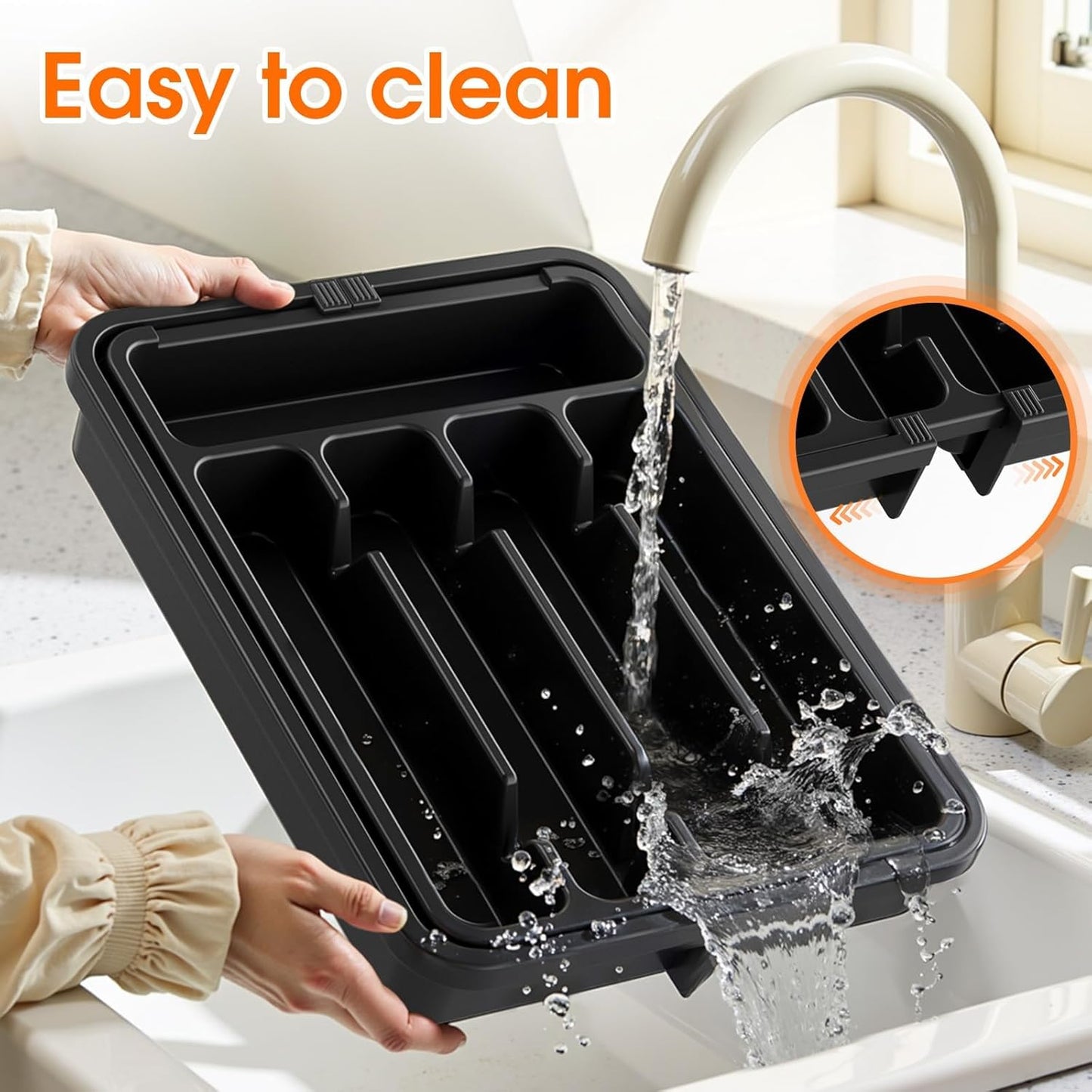 Silverware Organizer，Adjustable & Expandable Utensil Drawer Organizer, BPA Free Utensil Holder, Cutlery Tray for Forks, Spoons, Knives in Kitchen, Medium, White