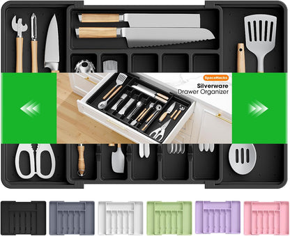 Silverware Organizer，Adjustable & Expandable Utensil Drawer Organizer, BPA Free Utensil Holder, Cutlery Tray for Forks, Spoons, Knives in Kitchen, Medium, White