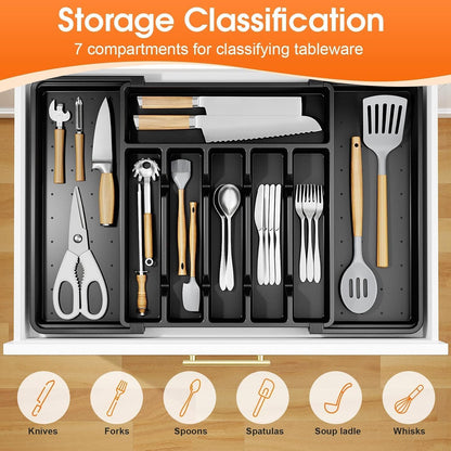 Silverware Organizer，Adjustable & Expandable Utensil Drawer Organizer, BPA Free Utensil Holder, Cutlery Tray for Forks, Spoons, Knives in Kitchen, Medium, White