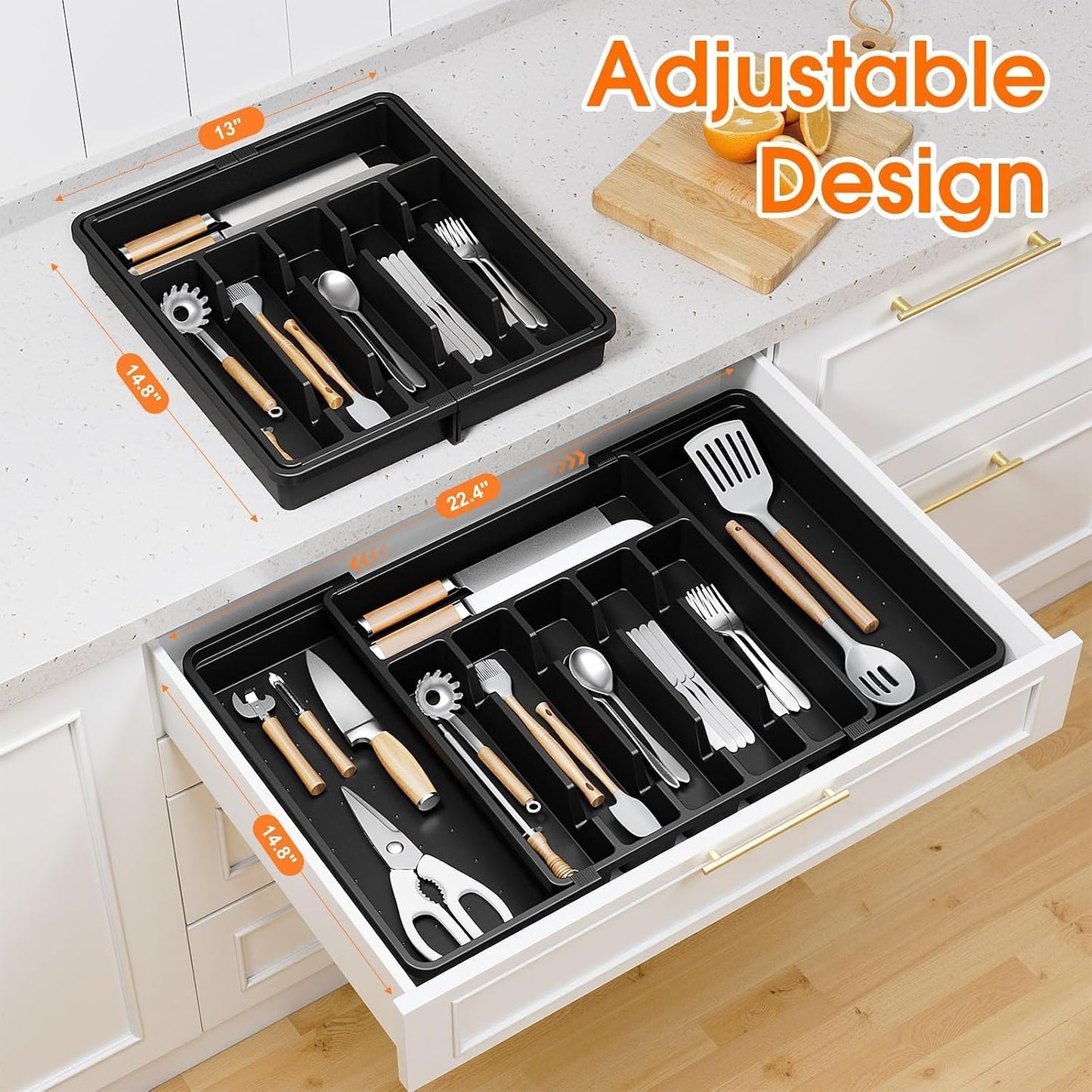 Silverware Organizer，Adjustable & Expandable Utensil Drawer Organizer, BPA Free Utensil Holder, Cutlery Tray for Forks, Spoons, Knives in Kitchen, Medium, White