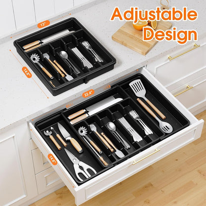 Silverware Organizer，Adjustable & Expandable Utensil Drawer Organizer, BPA Free Utensil Holder, Cutlery Tray for Forks, Spoons, Knives in Kitchen, Medium, White