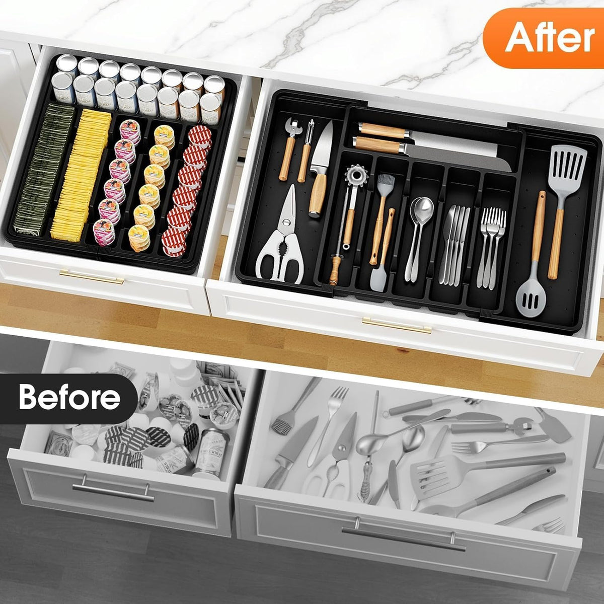 Silverware Organizer，Adjustable & Expandable Utensil Drawer Organizer, BPA Free Utensil Holder, Cutlery Tray for Forks, Spoons, Knives in Kitchen, Medium, White