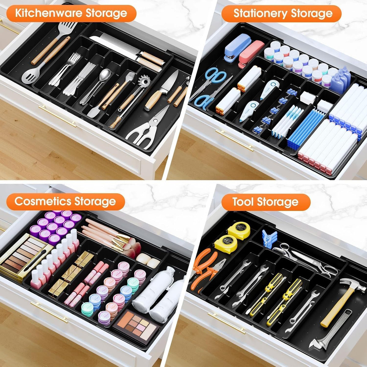 Silverware Organizer，Adjustable & Expandable Utensil Drawer Organizer, BPA Free Utensil Holder, Cutlery Tray for Forks, Spoons, Knives in Kitchen, Medium, White
