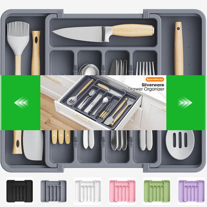 Silverware Organizer，Adjustable & Expandable Utensil Drawer Organizer, BPA Free Utensil Holder, Cutlery Tray for Forks, Spoons, Knives in Kitchen, Medium, White