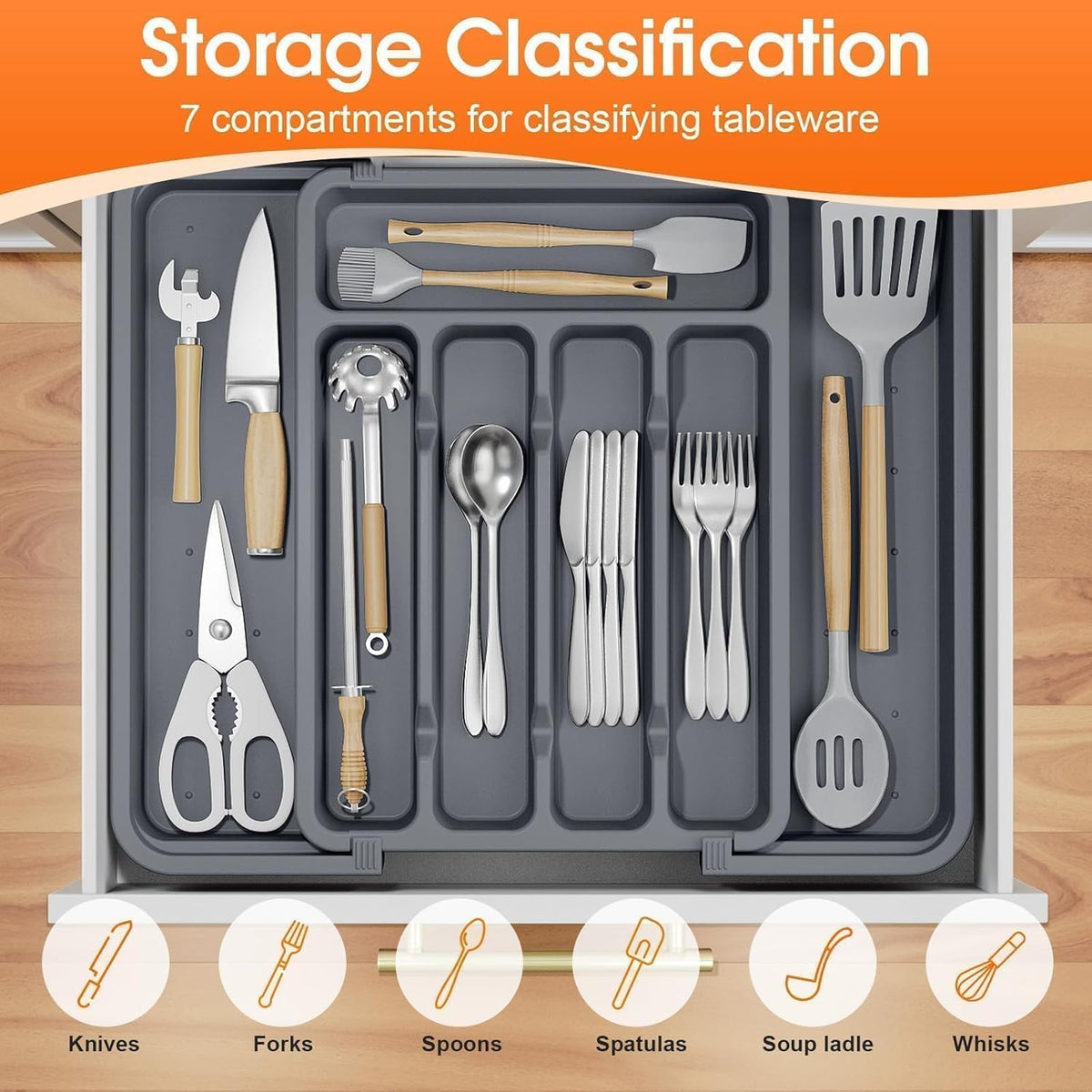 Silverware Organizer，Adjustable & Expandable Utensil Drawer Organizer, BPA Free Utensil Holder, Cutlery Tray for Forks, Spoons, Knives in Kitchen, Medium, White
