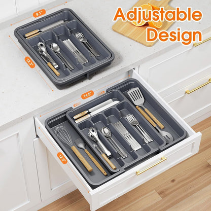 Silverware Organizer，Adjustable & Expandable Utensil Drawer Organizer, BPA Free Utensil Holder, Cutlery Tray for Forks, Spoons, Knives in Kitchen, Medium, White