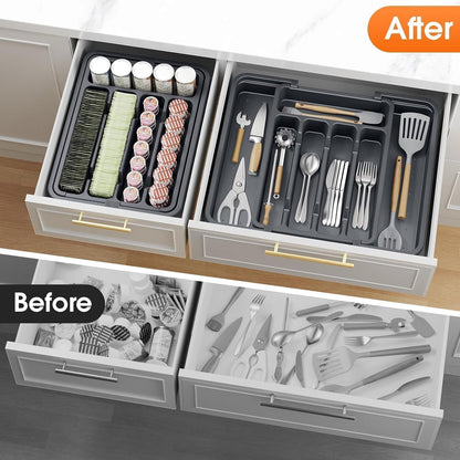 Silverware Organizer，Adjustable & Expandable Utensil Drawer Organizer, BPA Free Utensil Holder, Cutlery Tray for Forks, Spoons, Knives in Kitchen, Medium, White