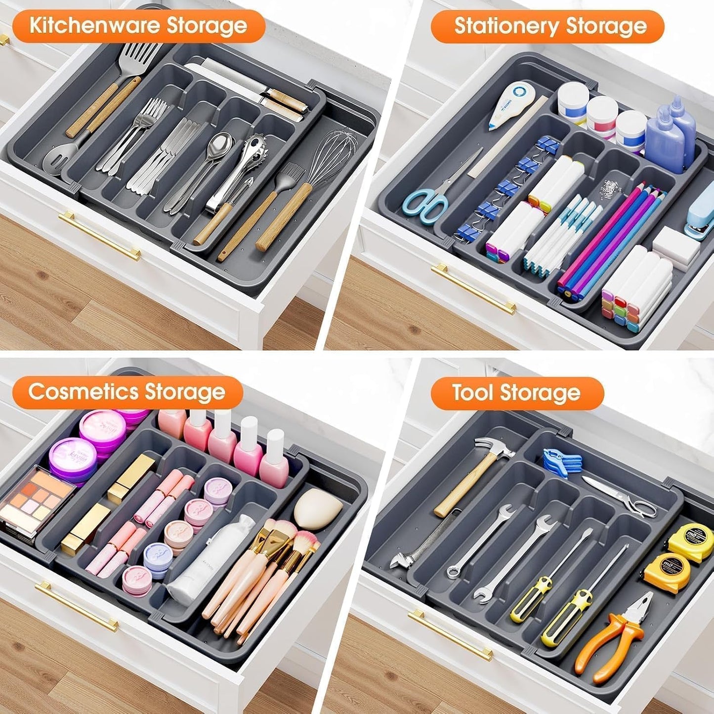 Silverware Organizer，Adjustable & Expandable Utensil Drawer Organizer, BPA Free Utensil Holder, Cutlery Tray for Forks, Spoons, Knives in Kitchen, Medium, White