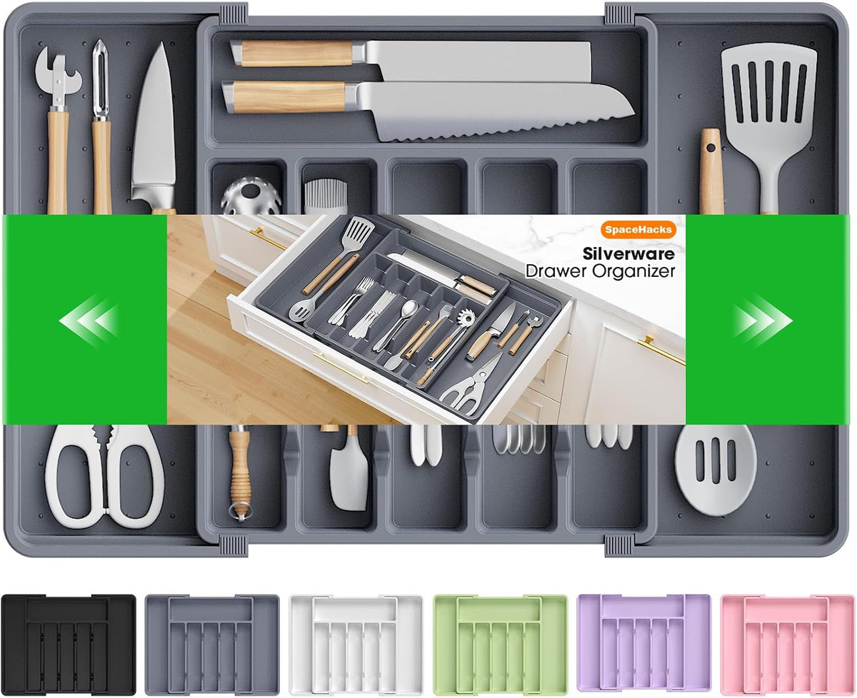 Silverware Organizer，Adjustable & Expandable Utensil Drawer Organizer, BPA Free Utensil Holder, Cutlery Tray for Forks, Spoons, Knives in Kitchen, Medium, White