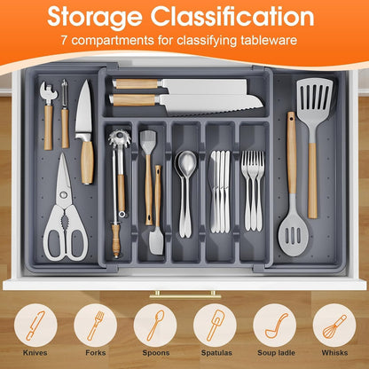 Silverware Organizer，Adjustable & Expandable Utensil Drawer Organizer, BPA Free Utensil Holder, Cutlery Tray for Forks, Spoons, Knives in Kitchen, Medium, White