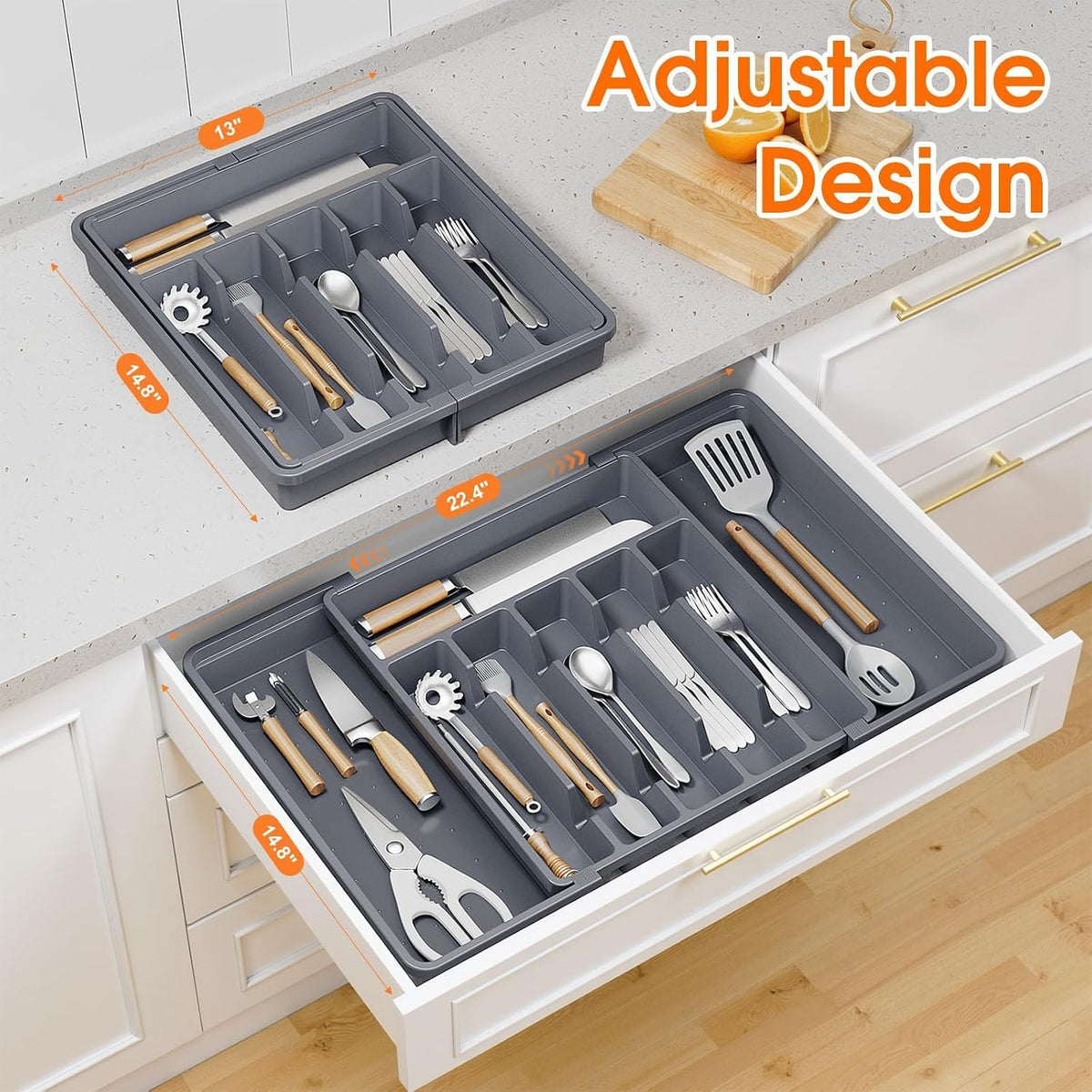 Silverware Organizer，Adjustable & Expandable Utensil Drawer Organizer, BPA Free Utensil Holder, Cutlery Tray for Forks, Spoons, Knives in Kitchen, Medium, White