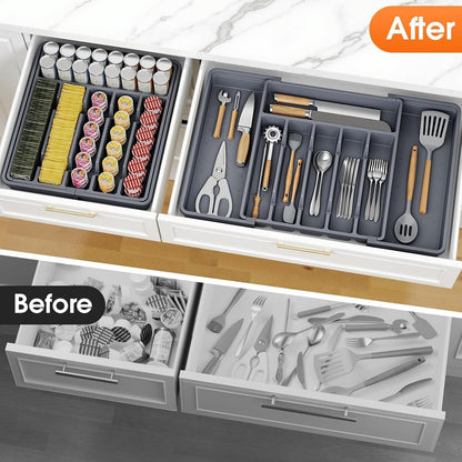 Silverware Organizer，Adjustable & Expandable Utensil Drawer Organizer, BPA Free Utensil Holder, Cutlery Tray for Forks, Spoons, Knives in Kitchen, Medium, White