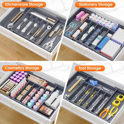 Silverware Organizer，Adjustable & Expandable Utensil Drawer Organizer, BPA Free Utensil Holder, Cutlery Tray for Forks, Spoons, Knives in Kitchen, Medium, White
