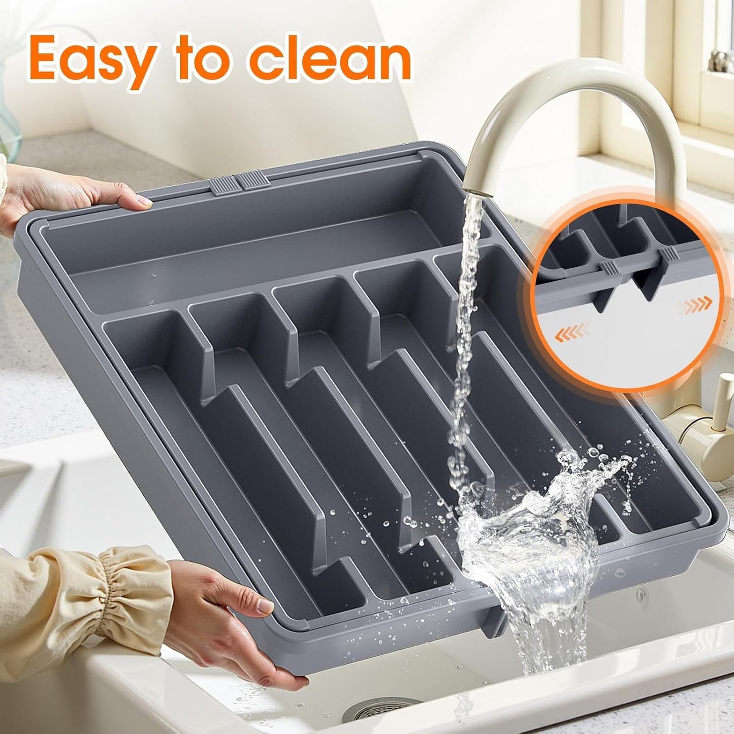 Silverware Organizer，Adjustable & Expandable Utensil Drawer Organizer, BPA Free Utensil Holder, Cutlery Tray for Forks, Spoons, Knives in Kitchen, Medium, White