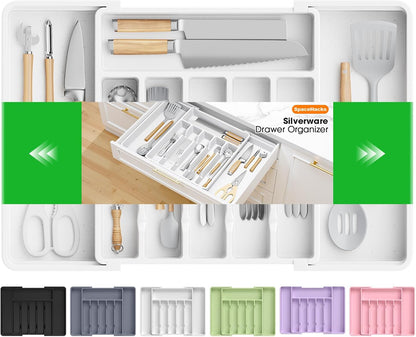 Silverware Organizer，Adjustable & Expandable Utensil Drawer Organizer, BPA Free Utensil Holder, Cutlery Tray for Forks, Spoons, Knives in Kitchen, Medium, White