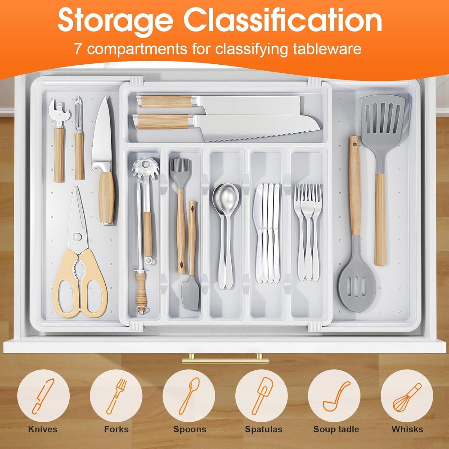 Silverware Organizer，Adjustable & Expandable Utensil Drawer Organizer, BPA Free Utensil Holder, Cutlery Tray for Forks, Spoons, Knives in Kitchen, Medium, White