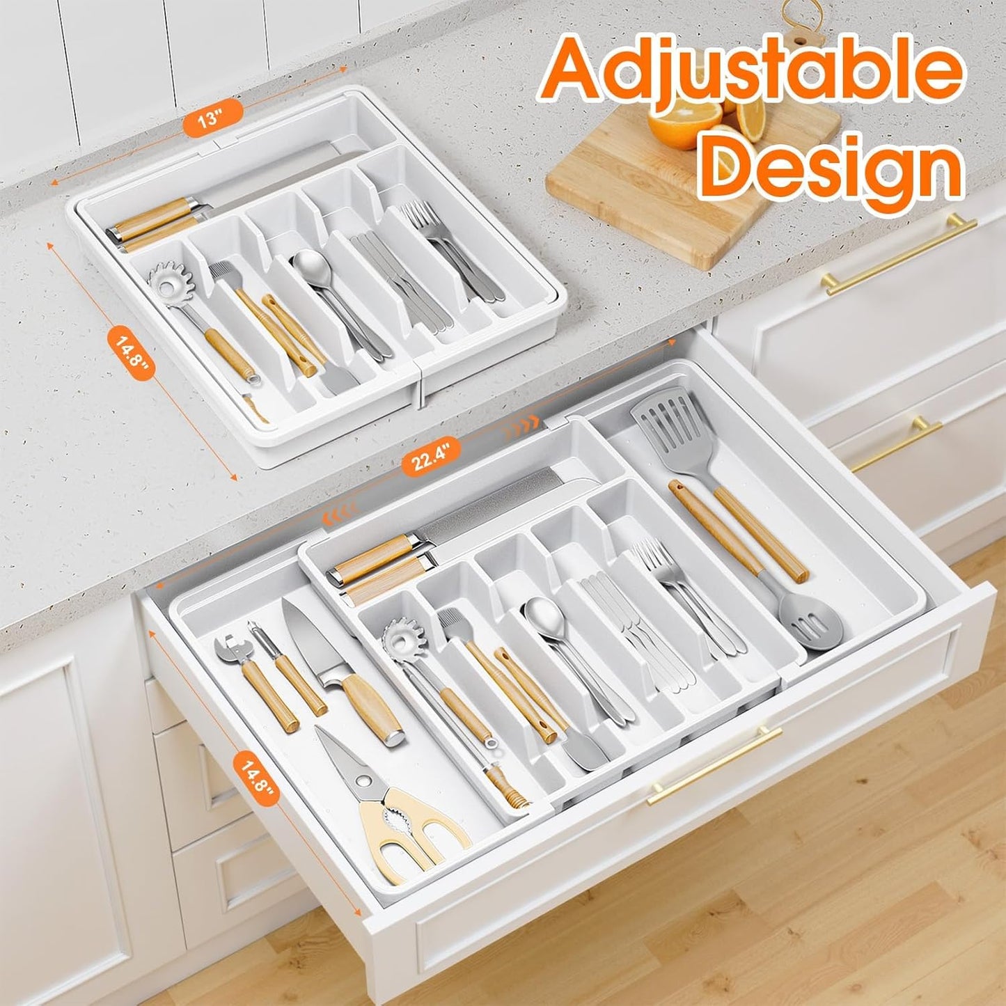 Silverware Organizer，Adjustable & Expandable Utensil Drawer Organizer, BPA Free Utensil Holder, Cutlery Tray for Forks, Spoons, Knives in Kitchen, Medium, White