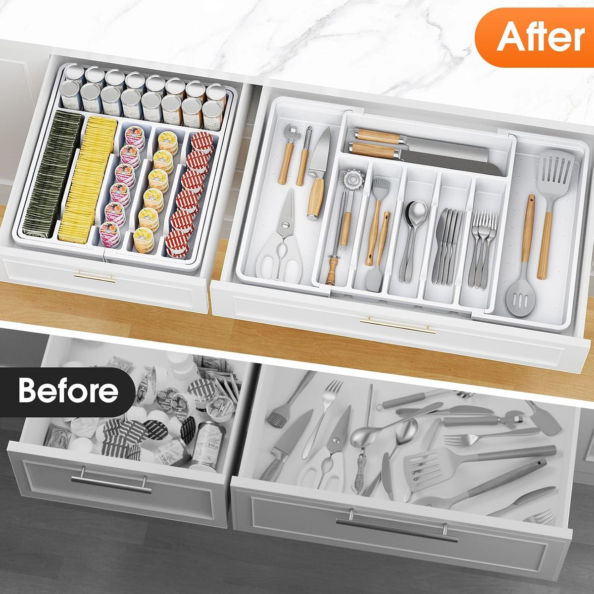Silverware Organizer，Adjustable & Expandable Utensil Drawer Organizer, BPA Free Utensil Holder, Cutlery Tray for Forks, Spoons, Knives in Kitchen, Medium, White