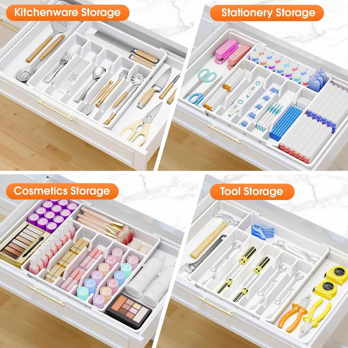 Silverware Organizer，Adjustable & Expandable Utensil Drawer Organizer, BPA Free Utensil Holder, Cutlery Tray for Forks, Spoons, Knives in Kitchen, Medium, White