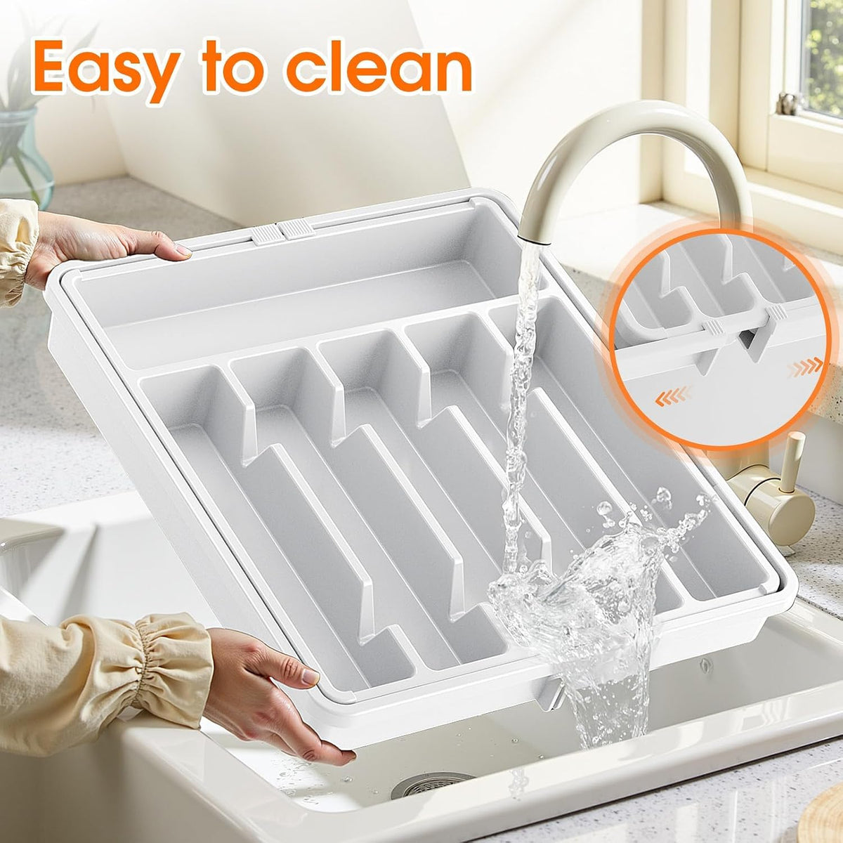 Silverware Organizer，Adjustable & Expandable Utensil Drawer Organizer, BPA Free Utensil Holder, Cutlery Tray for Forks, Spoons, Knives in Kitchen, Medium, White