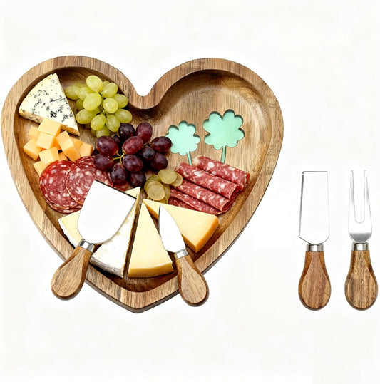 Heart Shaped Acacia Wood Cheese Board with 4 Piece Cheese Knife Set, St. Patrick's Day Green Clover Resin Inlay Appetizer Plates Charcuterie Serving Tray for Wine and Cheese Parties