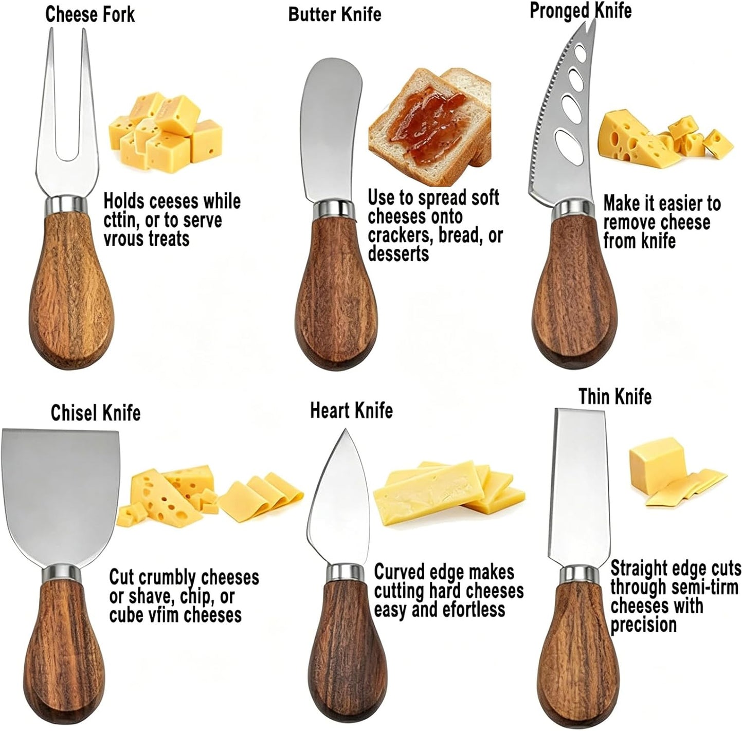 6 PCS Cheese Knife Set,Cheese Knives Wood Handle Stainless Steel Cheese Slicer Cutter Fork Spreading Cheese Knife Gift Set of 6 Charcuterie Board Knife Accessories Gift Ready
